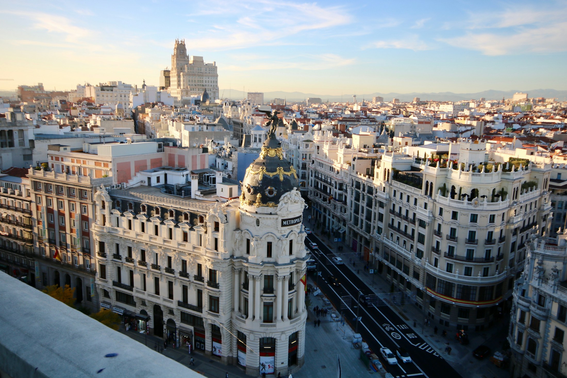 The Gran Vía skyline and Metrópolis building in Madrid